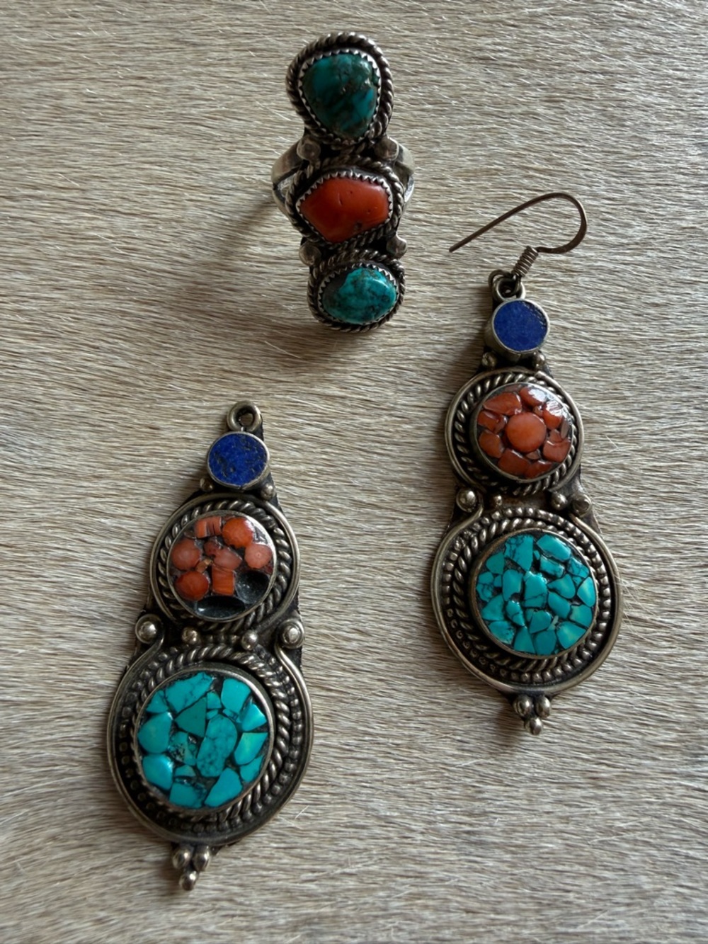Turquoise & Coral Inlay Dangle Earrings and Ring Set
